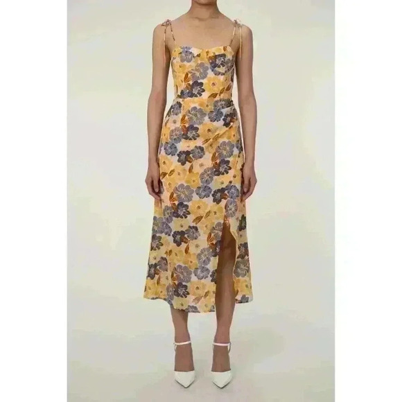 Tie Shoulder Bustier Smocked Split Floral Vacation Midi Slip Dress - Size M - Picture 2 of 15